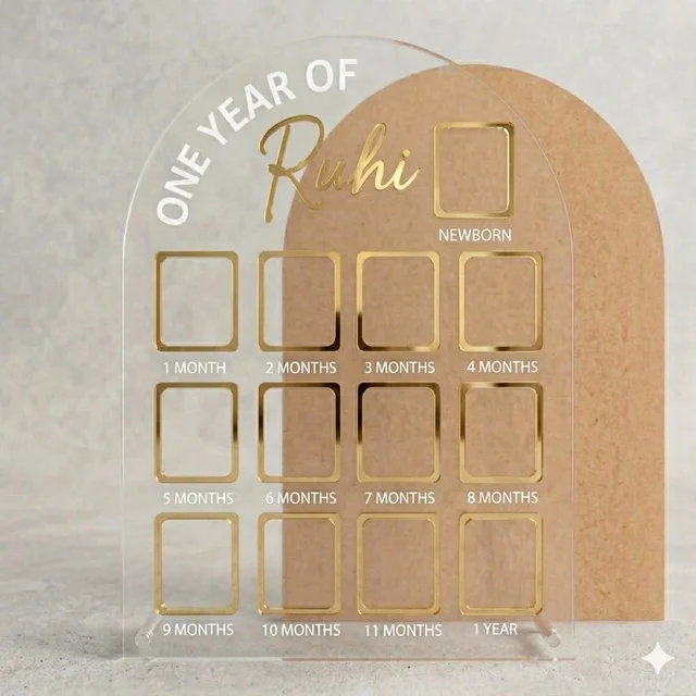 Baby One Year Photo Frame / My First Year Baby Photo Frame - 18/ 13 Inches, Golden acrylic