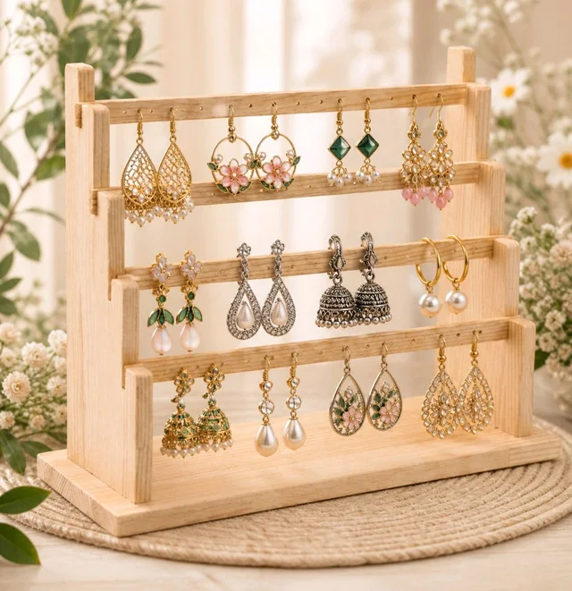 4-Tier Wooden Earrings Display Stand