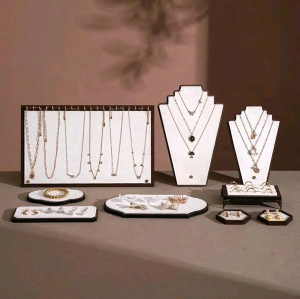 Classic Wooden Jewellery Display Stand Set-Faux Leather Event Showcase Fair