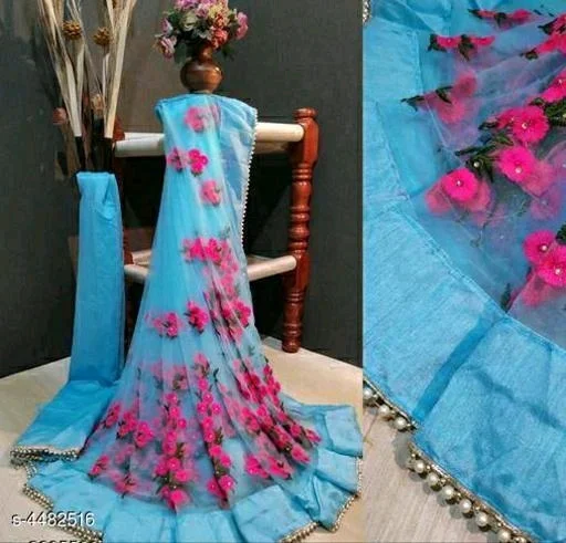 Net Blue Embroipdered Saree - Blue, FREE DELIVERY