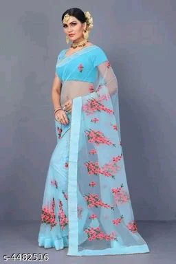 Net Blue Embroipdered Saree - Blue, FREE DELIVERY