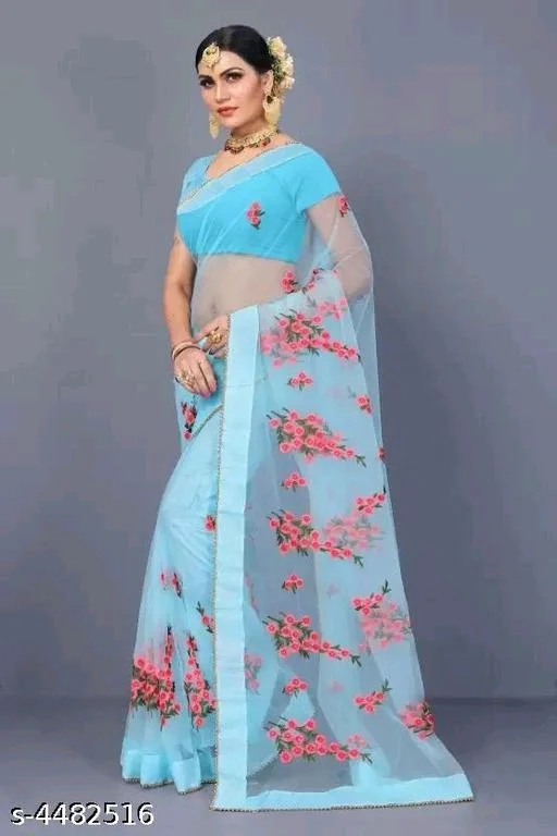 Net Blue Embroipdered Saree - Blue, FREE DELIVERY