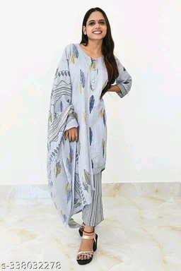 Printed Kurti with Plazzo and Dupatta Set` - XL, FREE DELIVERY