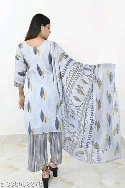 Printed Kurti with Plazzo and Dupatta Set` - XL, FREE DELIVERY