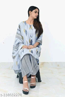 Printed Kurti with Plazzo and Dupatta Set` - XL, FREE DELIVERY