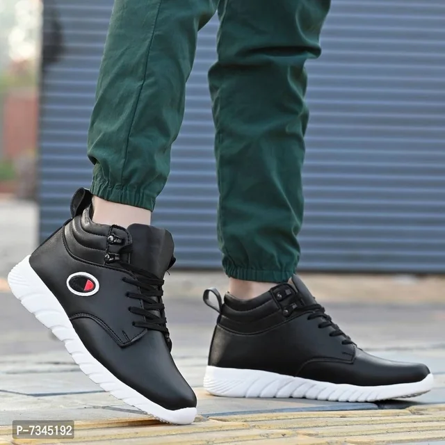 Stylish Fashionable Black Leather Trendy Modern Daily Wear Lace Ups Running Casual Shoes Sneakers For Men - UK10, Black, FREE DELIVERY