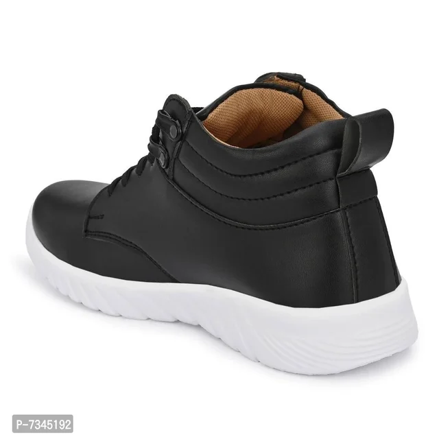 Stylish Fashionable Black Leather Trendy Modern Daily Wear Lace Ups Running Casual Shoes Sneakers For Men - UK10, Black, FREE DELIVERY