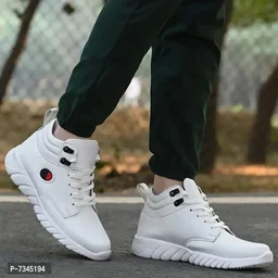 Stylish Fashionable White Leathertte Trendy Modern Daily Wear Lace Ups Running Casual Shoes For Men - UK10, White, FREE DELIVERY