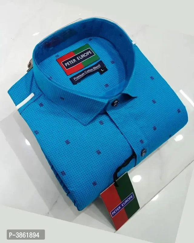 Men's Blue Printed Long Sleeves Regular Fit Casual Shirt - M, Blue, FREE DELIVERY