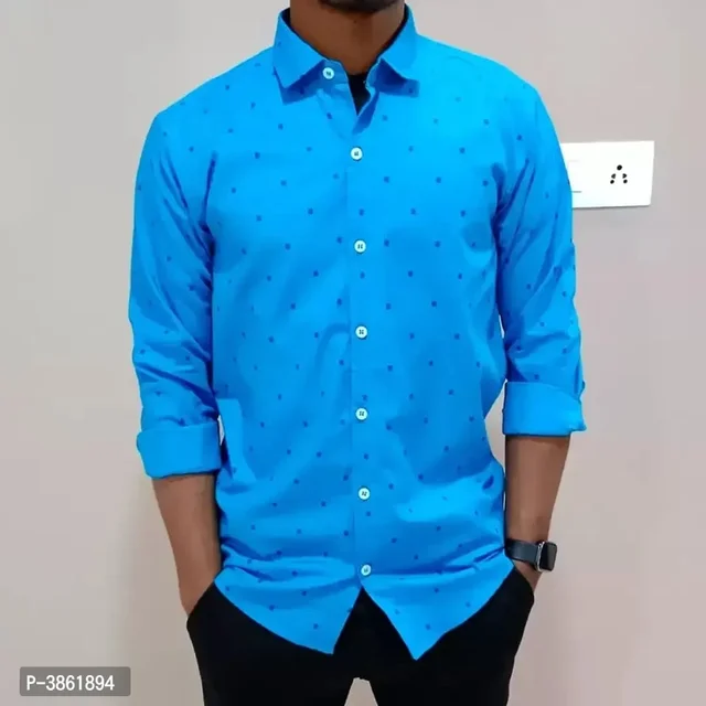 Men's Blue Printed Long Sleeves Regular Fit Casual Shirt - M, Blue, FREE DELIVERY