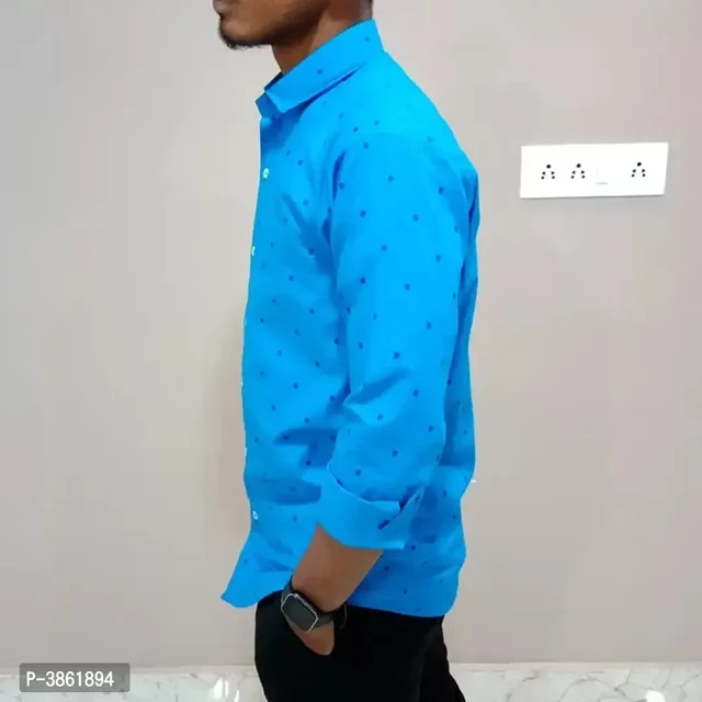Men's Blue Printed Long Sleeves Regular Fit Casual Shirt - M, Blue, FREE DELIVERY