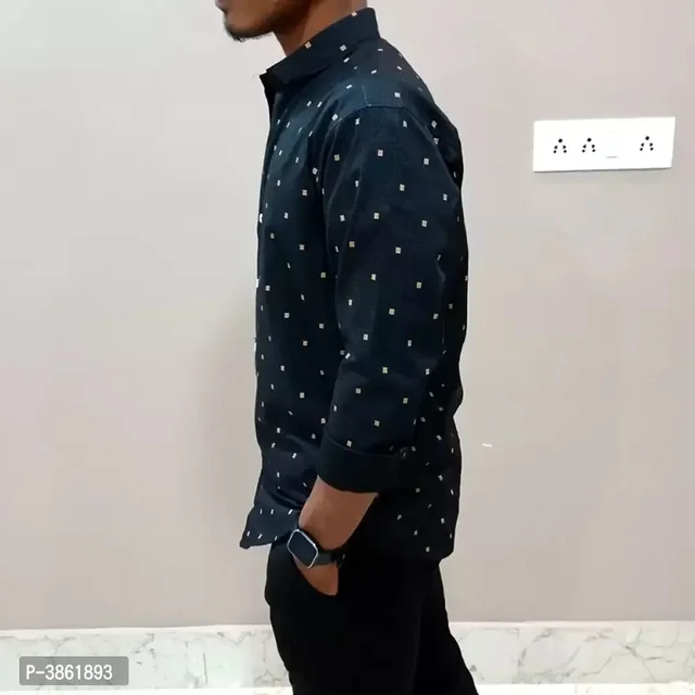 Men's Black Cotton Printed Long Sleevess Regular Fit Casual Shirt - 2XL, FREE DELIVERY