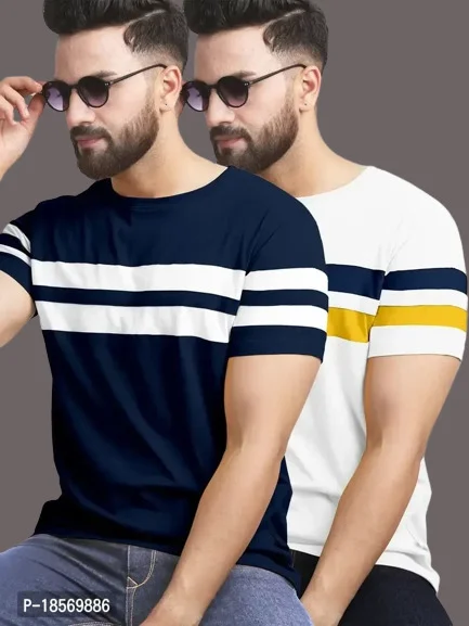 Cotton Blend Colourblocked Round Neck Tees For Men -Pack Of 2 - L, FREE DELIVERY