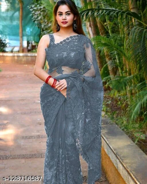 Brasso Net Grey cut work Saree With Blouse - Grey, FREE DELIVERY
