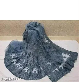 Brasso Net Grey cut work Saree With Blouse - Grey, FREE DELIVERY