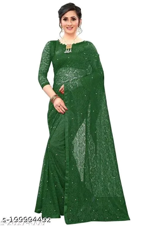 Brasso Net Green Beads & Stone Saree With Blouse - Green, FREE DELIVERY