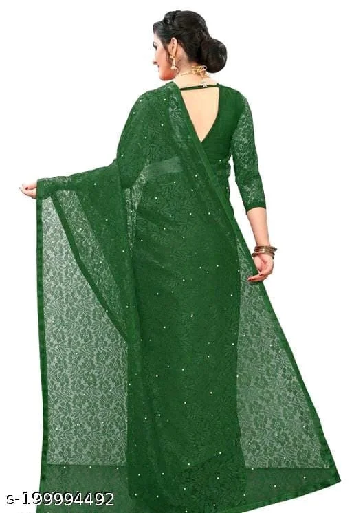 Brasso Net Green Beads & Stone Saree With Blouse - Green, FREE DELIVERY