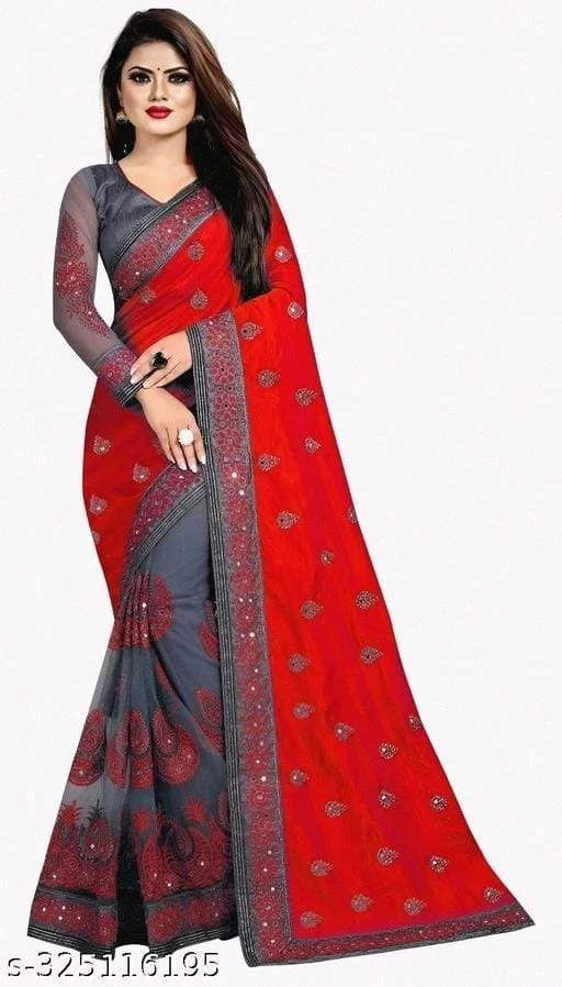 Red Fancy Work Saree - Red, FREE DELIVERY