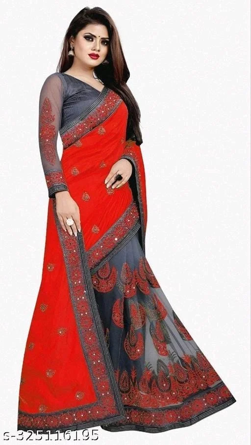 Red Fancy Work Saree - Red, FREE DELIVERY