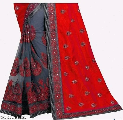 Red Fancy Work Saree - Red, FREE DELIVERY