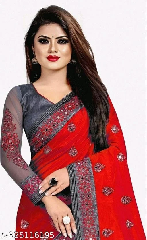 Red Fancy Work Saree - Red, FREE DELIVERY