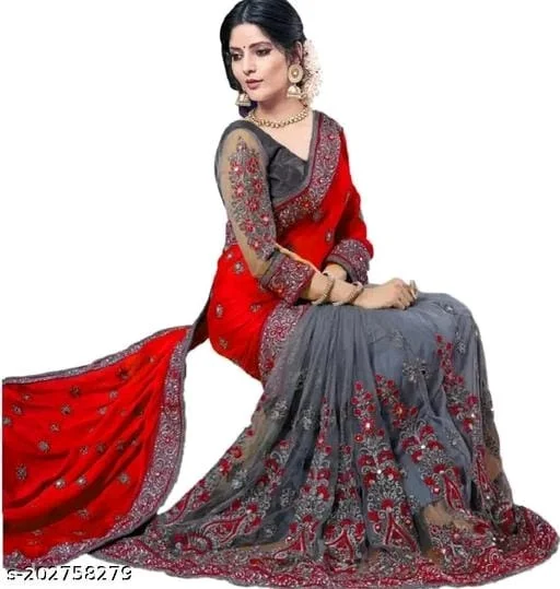 Super Net Red Lace Border Saree With Blouse - Red, FREE DELIVERY