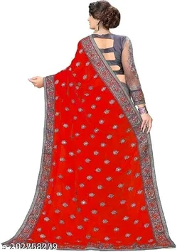 Super Net Red Lace Border Saree With Blouse - Red, FREE DELIVERY