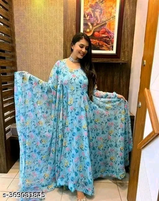 Stylish Fancy Trendy Printed Georgette Gown For Women For Party Wedding - XXXL, FREE DELIVERY