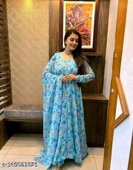 Stylish Fancy Trendy Printed Georgette Gown For Women For Party Wedding - XXXL, FREE DELIVERY