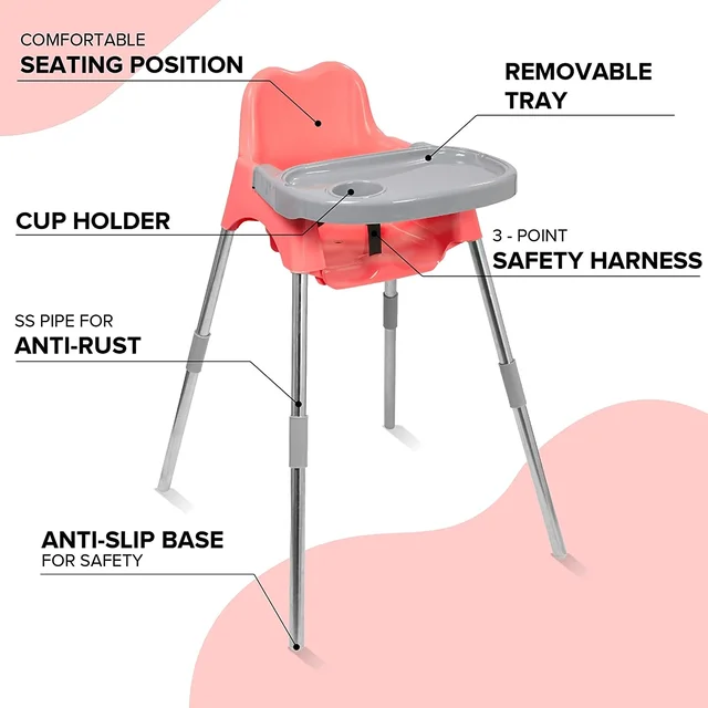 my girafee 3-in-1 Convertible Baby High Chair with Tray & Footrest Lightweight Feeding Chair & Toddler Seat, Easy-Clean DesignPink-Grey Colour - pink