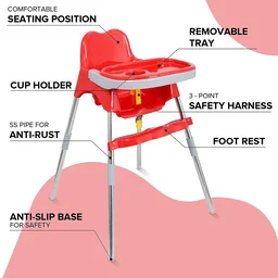 3-in-1 Convertible Baby High Chair with Double Tray & Footrest Easy-to-Clean Feeding & Study Chair for Babies and Toddlers -Red - Red