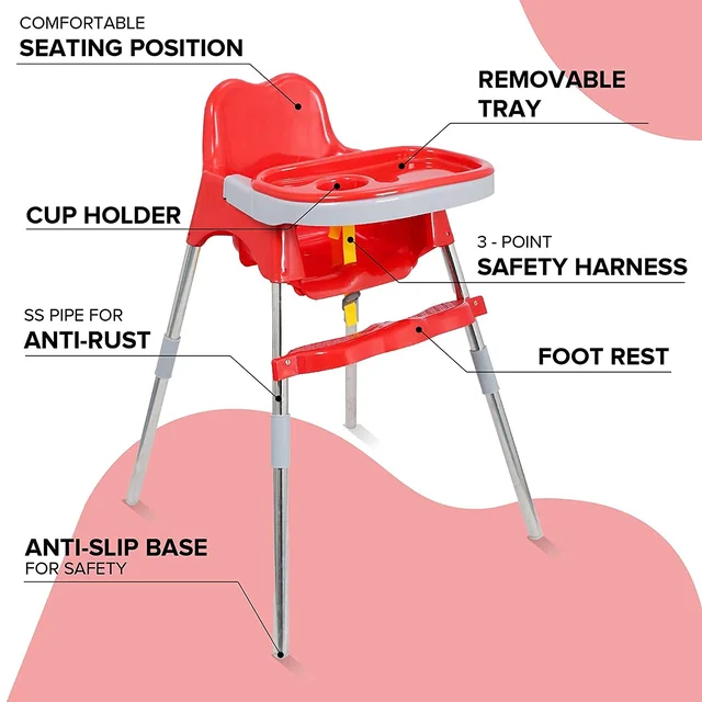3-in-1 Convertible Baby High Chair with Double Tray & Footrest Easy-to-Clean Feeding & Study Chair for Babies and Toddlers -Red - Red