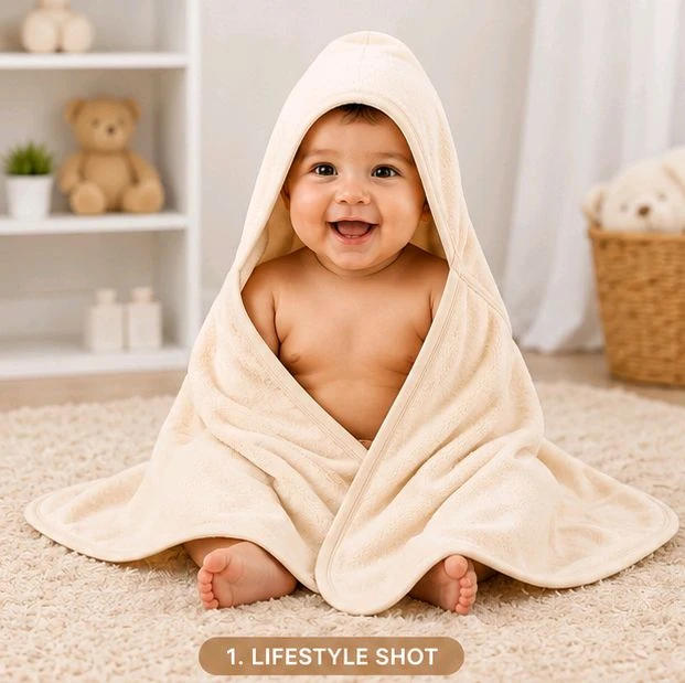 Premium Hooded Baby Bath Towel – Soft Cotton Cream Cap Towel for Newborns & Infants
