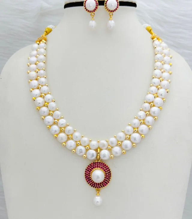 2 Layer Button Pearl Necklace Set - PN303