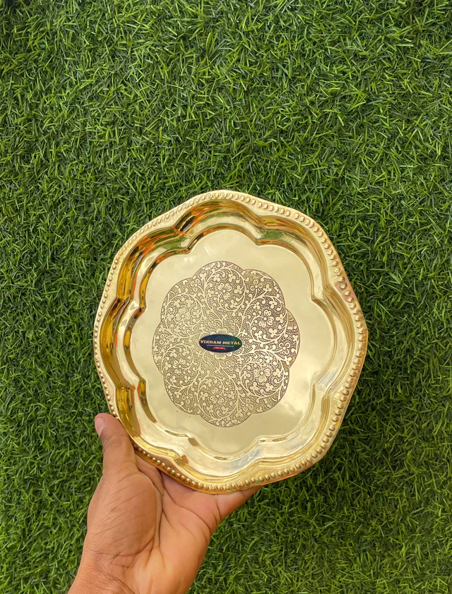 VIKRAM METAL Brass Puja Plate with Floral Embossed Design - 10 INCH, GOLDEN