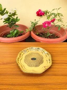 VIKRAM METAL Brass Puja Plate with Floral Embossed Design - 10 INCH, GOLDEN
