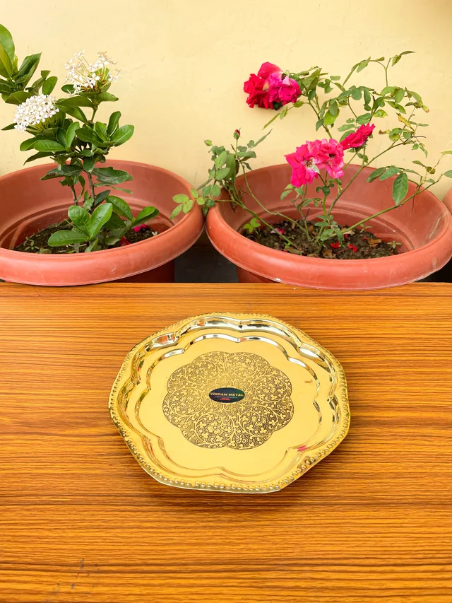 VIKRAM METAL Brass Puja Plate with Floral Embossed Design - 10 INCH, GOLDEN