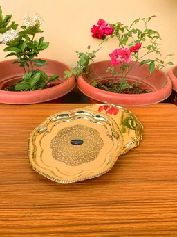 VIKRAM METAL Brass Puja Plate with Floral Embossed Design - 10 INCH, GOLDEN
