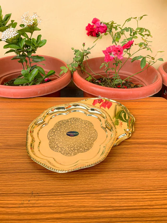 VIKRAM METAL Brass Puja Plate with Floral Embossed Design - 10 INCH, GOLDEN