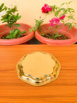 VIKRAM METAL Brass Puja Plate with Floral Embossed Design - 10 INCH, GOLDEN