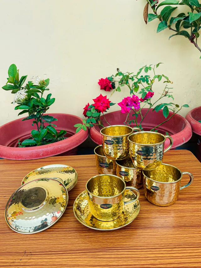 VIKRAM METAL Brass Hammered Design Cup plate set of - 2.3 INCH, GOLDEN, 150 ML