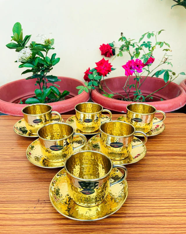 VIKRAM METAL Brass Hammered Design Cup plate set of - 2.3 INCH, GOLDEN, 150 ML