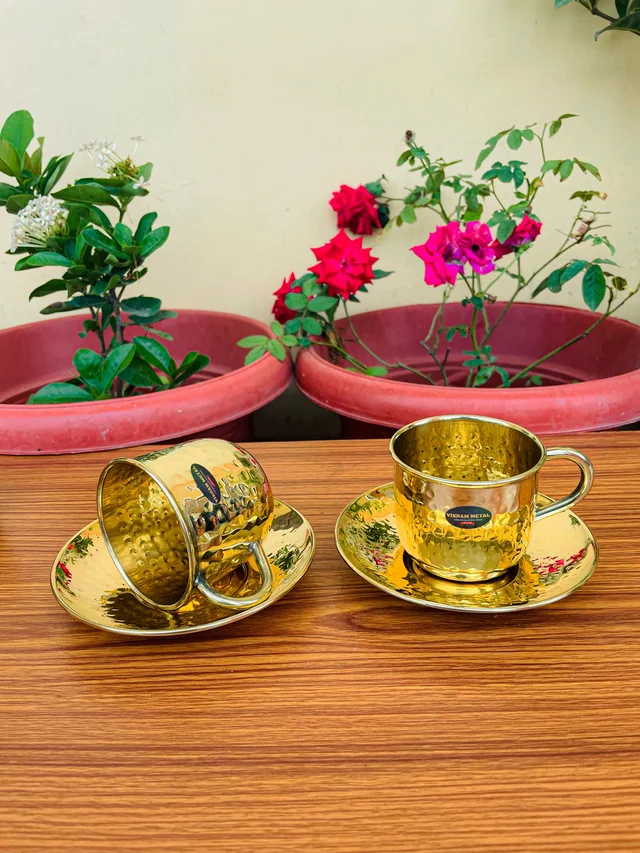 VIKRAM METAL Brass Hammered Design Cup plate set of - 2.3 INCH, GOLDEN, 150 ML