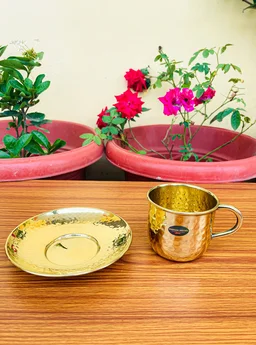 VIKRAM METAL Brass Hammered Design Cup plate set of - 2.3 INCH, GOLDEN, 150 ML