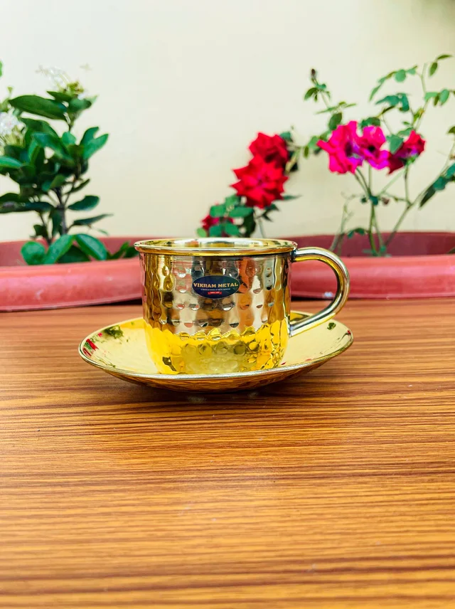 VIKRAM METAL Brass Hammered Design Cup plate set of - 2.3 INCH, GOLDEN, 150 ML