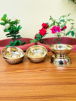 VIKRAM METAL Brass Emboss katori set of 6 - 1.5 INCH X 3.9 INCH, GOLDEN, 150 ml