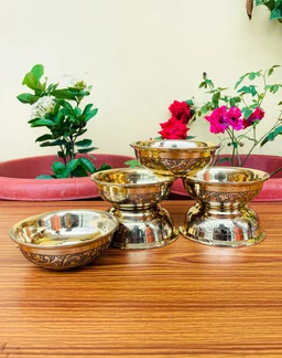 VIKRAM METAL Brass Emboss katori set of 6 - 1.5 INCH X 3.9 INCH, GOLDEN, 150 ml