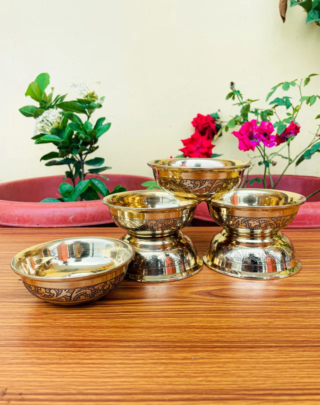 VIKRAM METAL Brass Emboss katori set of 6 - 1.5 INCH X 3.9 INCH, GOLDEN, 150 ml