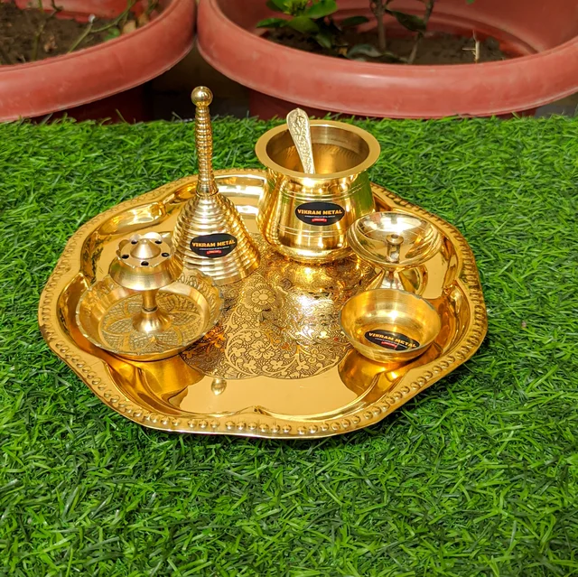 VIKRAM METAL Brass mini Pooja Thali Set - 8 INCH, GOLDEN