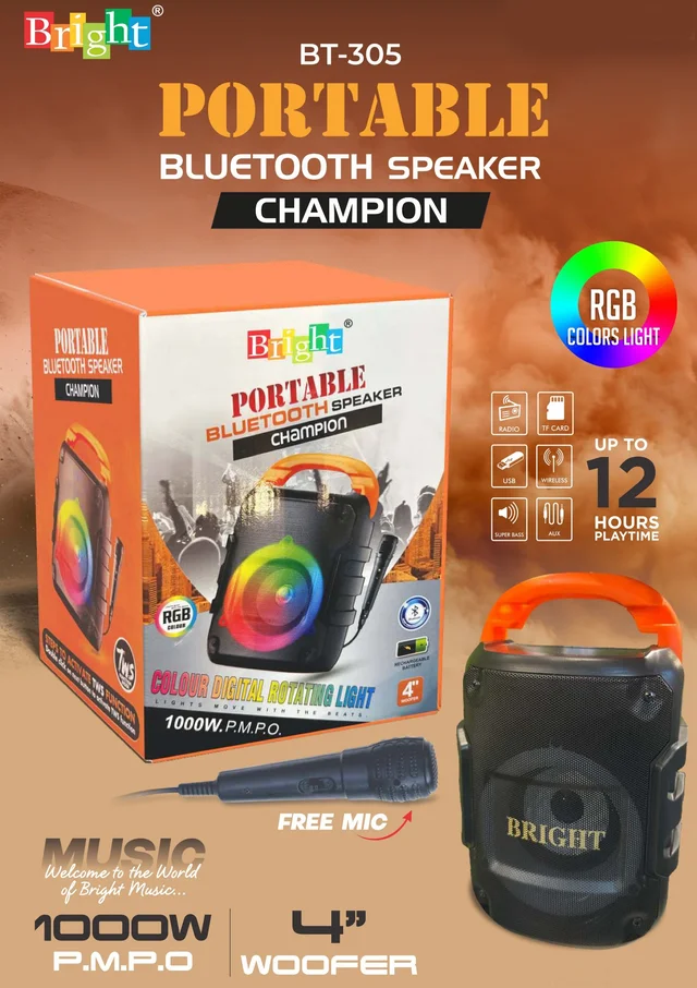 Bright Portable Bluetooth Speaker RGB Color Light, 4inch Woofer With Mic
